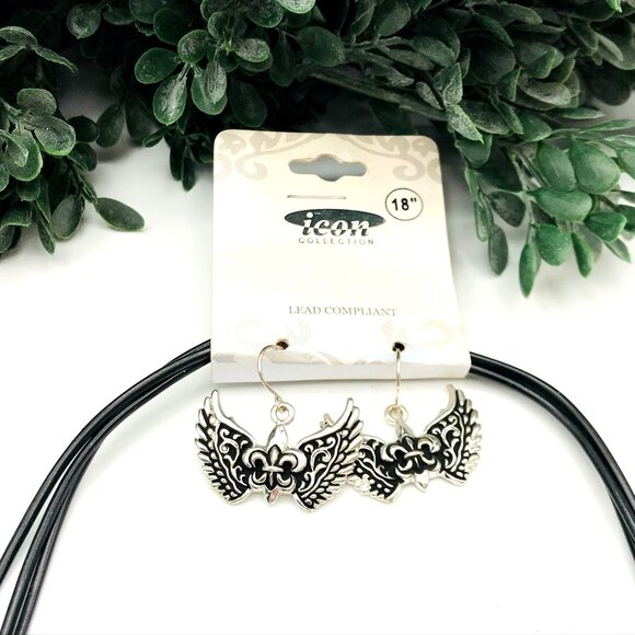 Winged Pendant Necklace & Earring Set With Black Cord & Fleur-De-Lis Design Lead - Picture 4 of 5